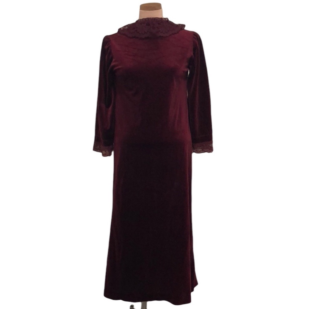 Vintage Maxi Dress Size 6 Burgundy Velvet Floral Lace High Neck - Picture 1 of 8
